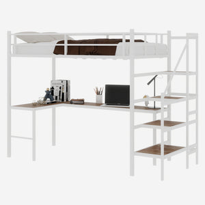 English Elm Loft loft bed with L-shaped desk, built-in storage stairs, 360° guardrail, sturdy iron frame for small rooms White W1935S00004