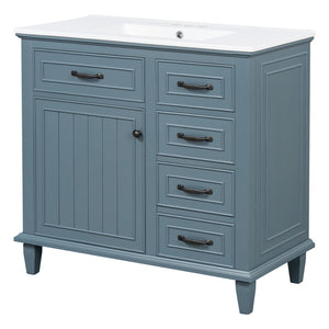 English Elm 36 Inch Bathroom Vanity With Ceramic Sink, Adjustable Shelf, Stylish Storage, Modern Blue Finish N725P336554C