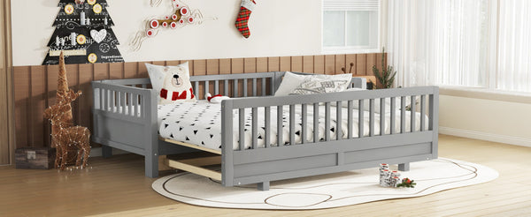 English Elm Twin Size Platform Bed With Guardrails - Stylish, Solid Wood Frame Converts To Double Twin, Grey W1580S00240-GIGA