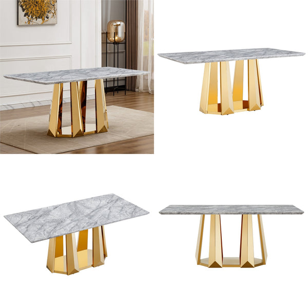 English Elm Marble Dining Table For 6 - Modern Faux Marble Rectangle Table With Gold Stainless Steel Base W3456S00041
