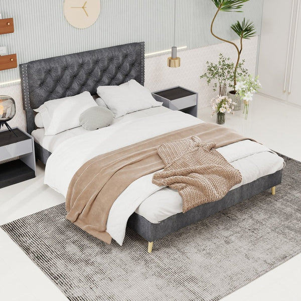 English Elm Velvet Tufted Queen Platform Bed Diamond Headboard for Elegant Master Bedroom W1935P361004