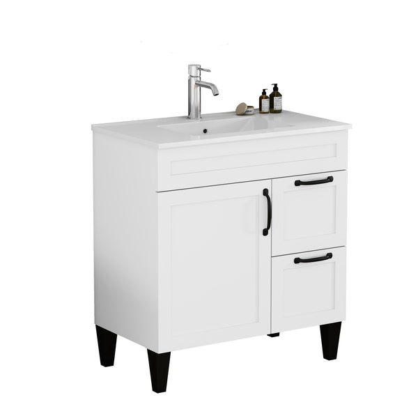 English Elm 31.5-inch Modern Bathroom Vanity with Integrated Ceramic Basin, Soft-Close Drawers, Black Accents White 35.04 L x 22.05 W x 7.68 H W3151S00061