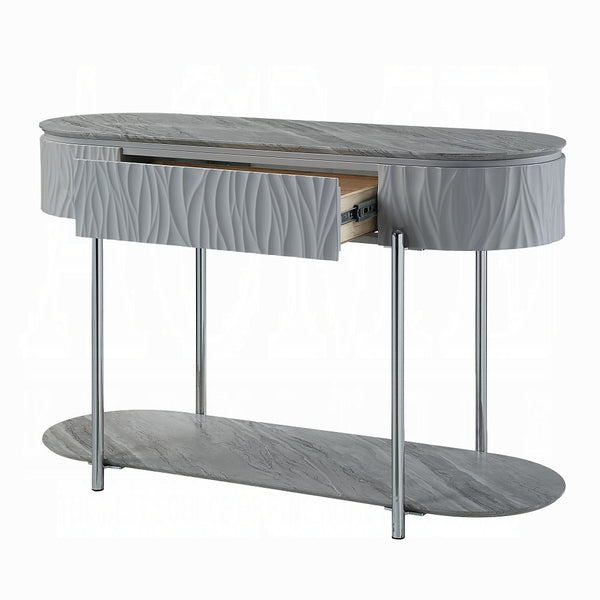 English Elm Grey High Gloss Sofa Table With Chrome Accents, Bottom Shelf, And Modern Design For Stylish Spaces B062P209133
