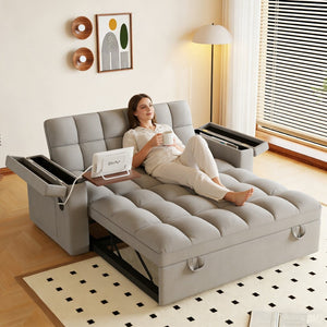 English Elm 65-inch Velvet Convertible Sleeper Sofa with Usb Port Storage Armrests Adjustable Back Light Gray W2564S00116