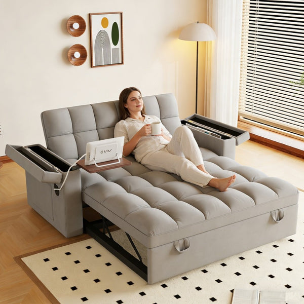 English Elm 65-inch Velvet Convertible Sleeper Sofa with Usb Port Storage Armrests Adjustable Back Light Gray W2564S00116