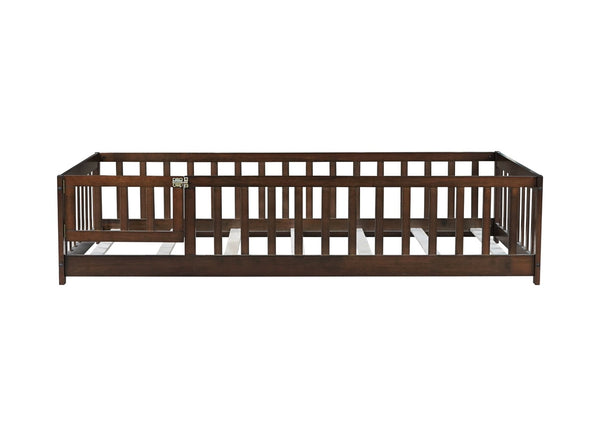 English Elm Twin Solid Rubberwood Floor Bed with Full Perimeter Safety Rails for Toddler Rooms Espresso W504P296781