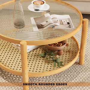 English Elm Rattan 2-Tier Bamboo Coffee Table with Water Ripple Glass Top, PVC Rattan Shelf, Natural White Modern Elegance W2992P347391