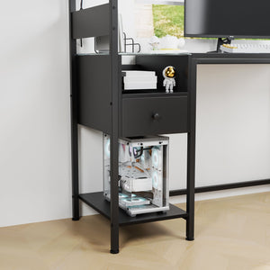 English Elm Computer Gaming Desk with RGB LED Lights, Reversible 4-Tier Shelves, Drawer & Headphone Hook, Space-Saving Workstation Black W578P191952