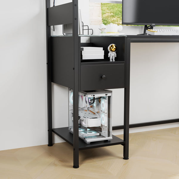 English Elm Computer Gaming Desk with RGB LED Lights, Reversible 4-Tier Shelves, Drawer & Headphone Hook, Space-Saving Workstation Black W578P191952