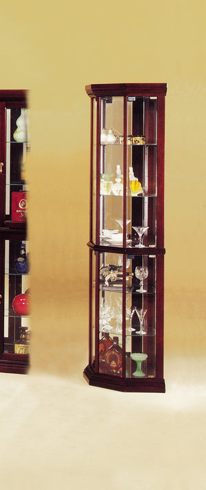 English Elm Huxley Cherry Finish Corner Curio Cabinet with Mirrored Back, 4 Glass Doors & 5 Shelves Displaying Elegance B2726P256703