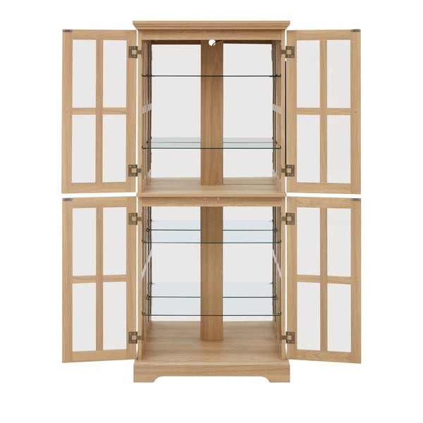 English Elm Curio Clear Glass Display Cabinet with Lattice Doors, Adjustable Shelves, E26 Bulb Included, Vintage Chic Oak W2275P231686