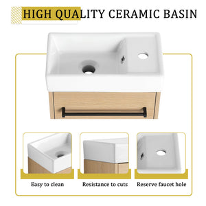 English Elm 16'' Floating Wall-Mounted Bathroom Vanity with Ceramic Basin, Soft-Close Door, Water-Resist Finish Light Oak W999P236336