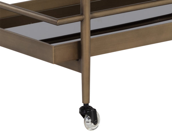 Sunpan Livingston Bar Cart - Stylish Mobility with Sleek Glass Shelving and Elegant Tubular Frame for Entertaining Antique Brass