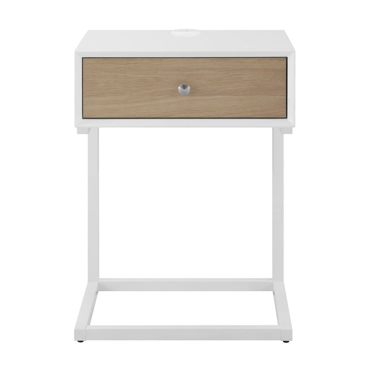 EuroStyle Daeg Mid-Century Smart Side Table Oak Veneer Drawer and Built-In Charging Station 90442-WHT