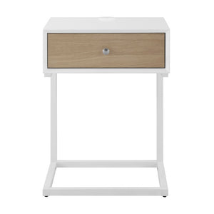 EuroStyle Daeg Mid-Century Smart Side Table Oak Veneer Drawer and Built-In Charging Station 90442-WHT