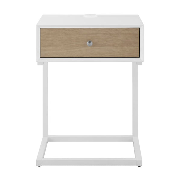 EuroStyle Daeg Mid-Century Smart Side Table Oak Veneer Drawer and Built-In Charging Station 90442-WHT
