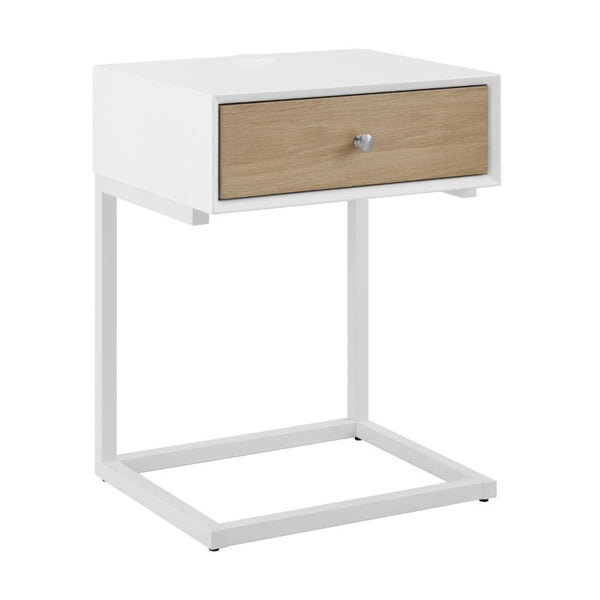 EuroStyle Daeg Mid-Century Smart Side Table Oak Veneer Drawer and Built-In Charging Station 90442-WHT