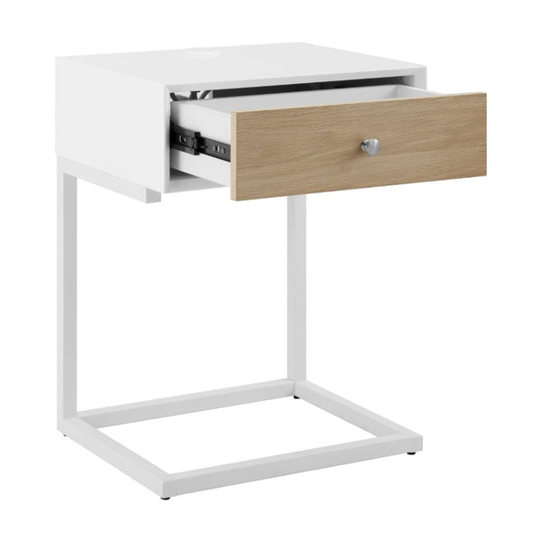 EuroStyle Daeg Mid-Century Smart Side Table Oak Veneer Drawer and Built-In Charging Station 90442-WHT