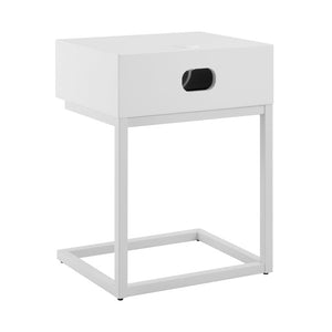 EuroStyle Daeg Mid-Century Smart Side Table Oak Veneer Drawer and Built-In Charging Station 90442-WHT