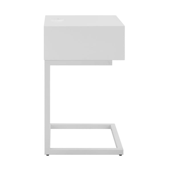 EuroStyle Daeg Mid-Century Smart Side Table Oak Veneer Drawer and Built-In Charging Station 90442-WHT