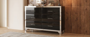 English Elm Elegant High Gloss Dresser with Metal Handles and Mirrored Panels, 6-Drawer Space-Saving Storage Solution Black 55.71 L x 19.29 W x 10.63 H N733P205355B