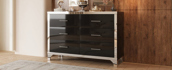 English Elm Elegant High Gloss Dresser with Metal Handles and Mirrored Panels, 6-Drawer Space-Saving Storage Solution Black 55.71 L x 19.29 W x 10.63 H N733P205355B