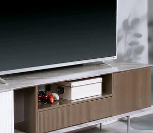 English Elm Modern Multi-Tone TV Console 70" with Open Shelves, Single Drawer, Replicated Marble Top, High-Gloss Finish B2741P361880