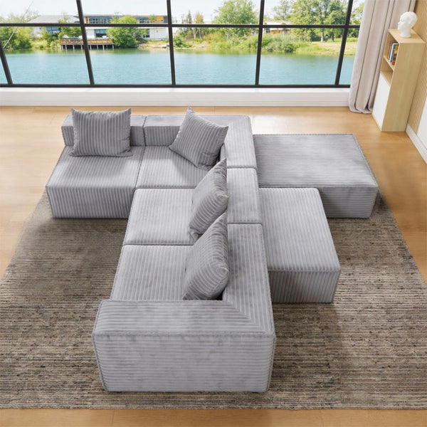 English Elm L-shaped Modular Sectional with Ottoman Corduroy Upholstery Four Seat Living Room Sofa Gray W2699S00082