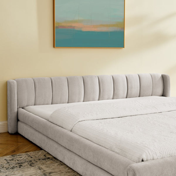 English Elm King Platform Bed Full Chenille Upholstery Low Profile Frame for Modern Bedroom Beige W487S00433