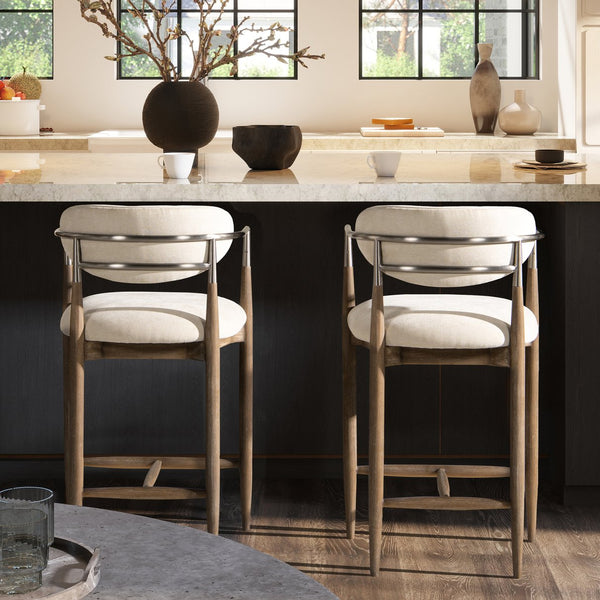 English Elm Jennifer Taylor Home - Artemis Plush 26" Counter Stool in Warm White Chenille with Brushed Nickel Arms & Rubberwood Frame B2719P280172