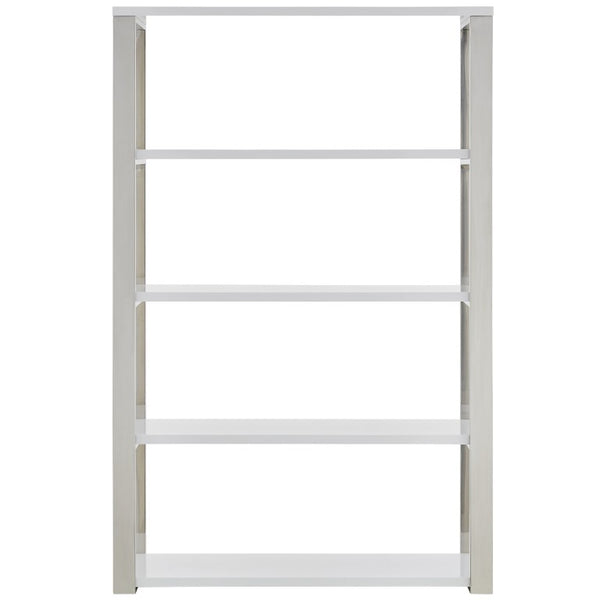 EuroStyle Dillon Five Shelf Walnut Veneer Bookcase with Stainless Steel Frame for Modern Offices High Gloss White/Polished Stainless Steel 90460WHT-KIT