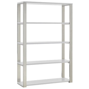 EuroStyle Dillon Five Shelf Walnut Veneer Bookcase with Stainless Steel Frame for Modern Offices High Gloss White/Polished Stainless Steel 90460WHT-KIT