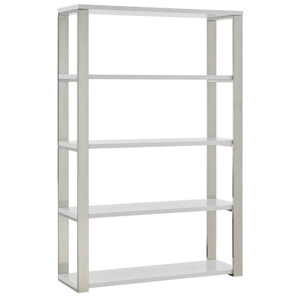 EuroStyle Dillon Five Shelf Walnut Veneer Bookcase with Stainless Steel Frame for Modern Offices High Gloss White/Polished Stainless Steel 90460WHT-KIT