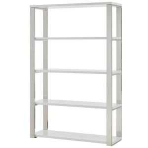 EuroStyle Dillon Five Shelf Walnut Veneer Bookcase with Stainless Steel Frame for Modern Offices High Gloss White/Polished Stainless Steel 90460WHT-KIT