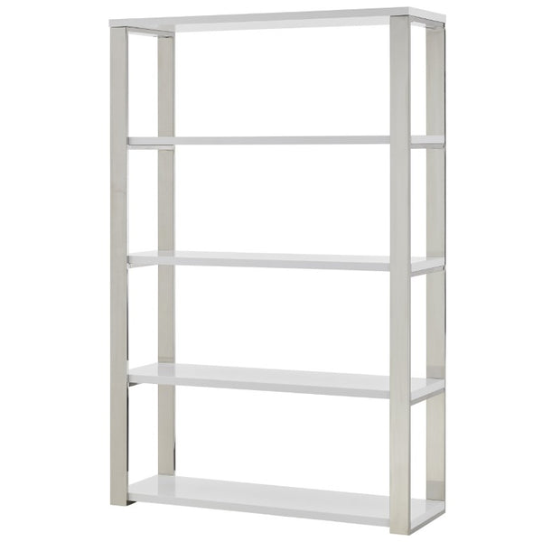 EuroStyle Dillon Five Shelf Walnut Veneer Bookcase with Stainless Steel Frame for Modern Offices High Gloss White/Polished Stainless Steel 90460WHT-KIT