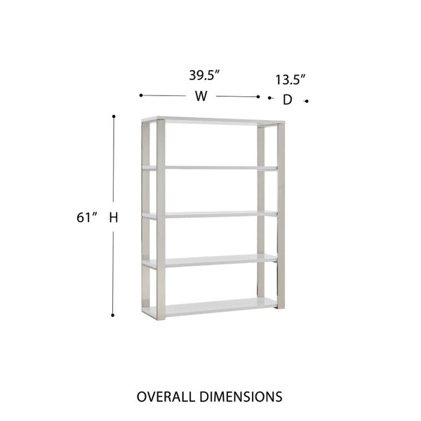 EuroStyle Dillon Five Shelf Walnut Veneer Bookcase with Stainless Steel Frame for Modern Offices High Gloss White/Polished Stainless Steel 90460WHT-KIT