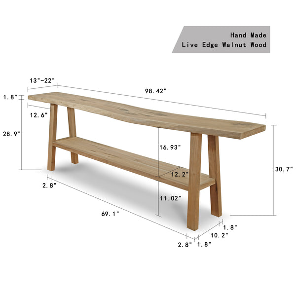 Lilys 98" Long Live Edge Walnut Wood Console Table With Shelf Natural(Size And Color Vary) 9047-XL