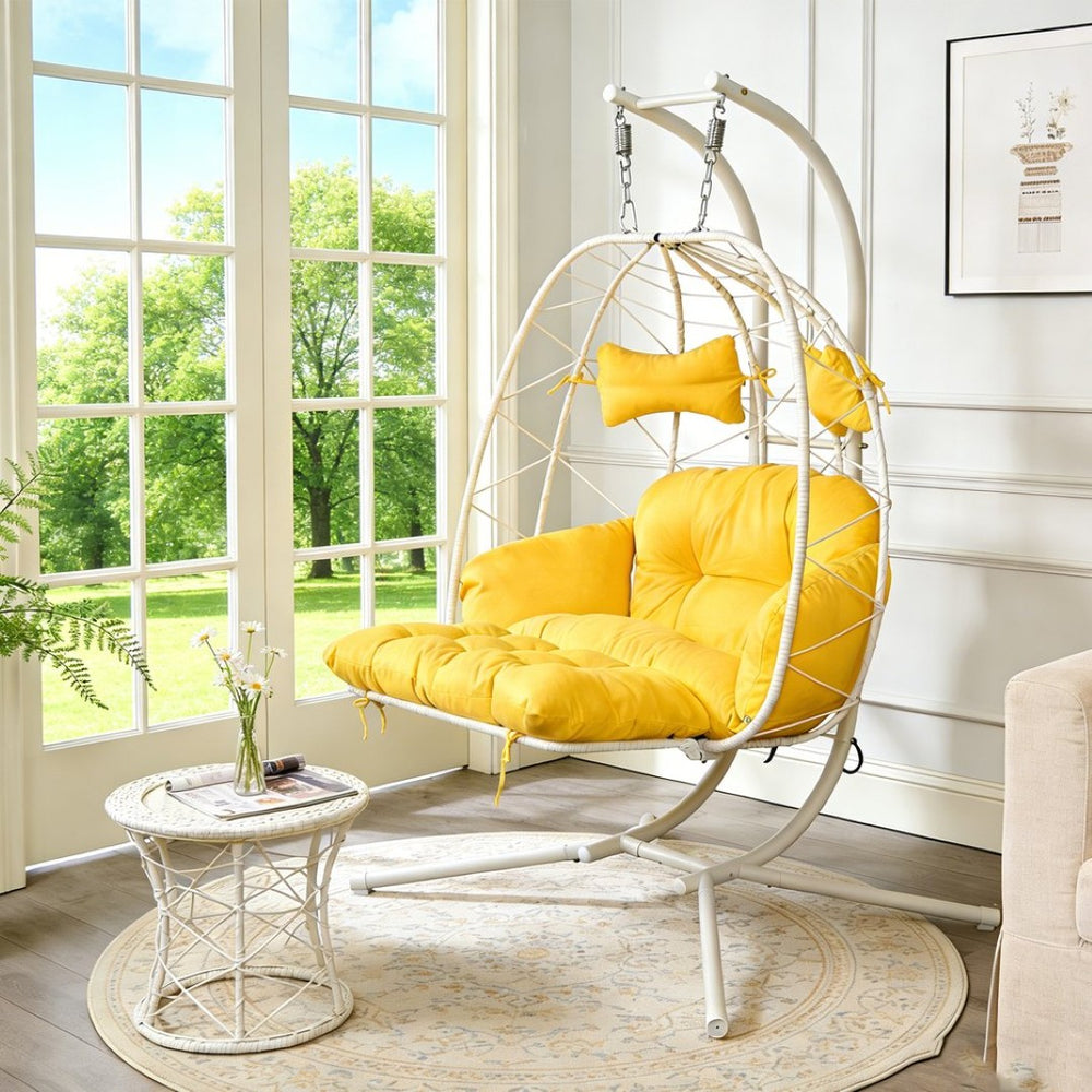 English Elm 2 Person Wicker Hanging Egg Chair with Stand Padded Swing for Patio Garden T5880P500210