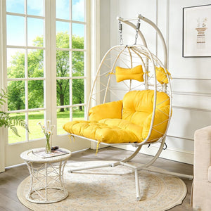 English Elm 2 Person Wicker Hanging Egg Chair with Stand Padded Swing for Patio Garden T5880P500210