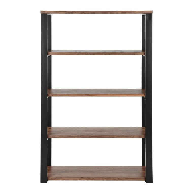 EuroStyle Dillon Five Shelf Walnut Veneer Bookcase with Stainless Steel Frame for Modern Offices Walnut/Matte Black 90471WAL-KIT