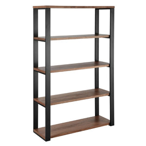EuroStyle Dillon Five Shelf Walnut Veneer Bookcase with Stainless Steel Frame for Modern Offices Walnut/Matte Black 90471WAL-KIT