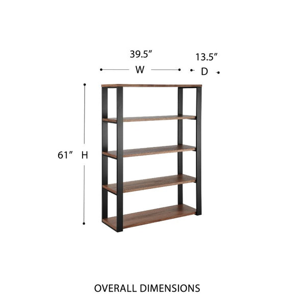 EuroStyle Dillon Five Shelf Walnut Veneer Bookcase with Stainless Steel Frame for Modern Offices Walnut/Matte Black 90471WAL-KIT