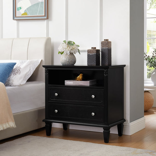 English Elm Open Dresser Nightstand with Charging Station and Open Shelf, 2 Drawers, Solid Wood Legs, Farmhouse Appeal Black W1693P216933