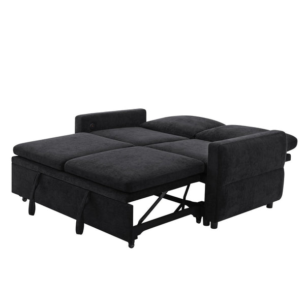 English Elm Convertible Chenille Sleeper Loveseat with Usb Ports and Reclining Backrest for Small Spaces Black N719P390439B