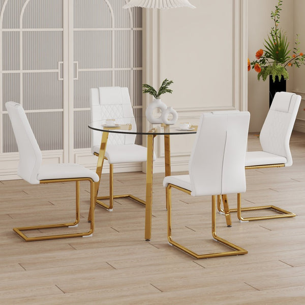English Elm Table Set - Modern Minimalist Round Clear Glass Table With White High-Back Chairs & Gold Legs W1151S01718-GIGA