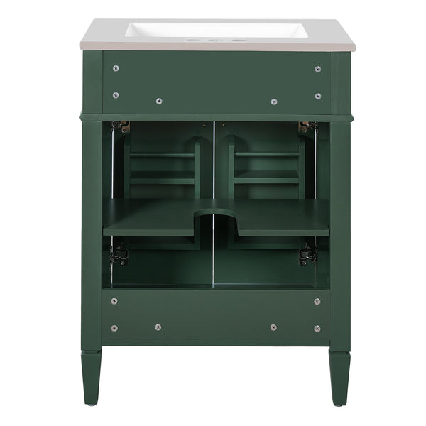 English Elm 24" Bathroom Vanity with Ceramic Basin, French-Inspired Accent Carvings, Soft-Close Doors & Storage Green N710P293309F