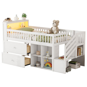 English Elm Twin Loft Bed with Built-In Stairs, Shelves, Hanging Rod & 2 Drawers for Space-Saving Kids Room White 45.87 L x 18.5 W x 10.83 H W2593S00004