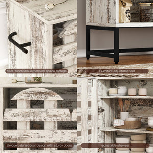 English Elm 44.3"Farmhouse Rustic Sideboard Cabinet with Arched Lattice Doors, Drawer & Open Shelves, White Vintage W2977P338333