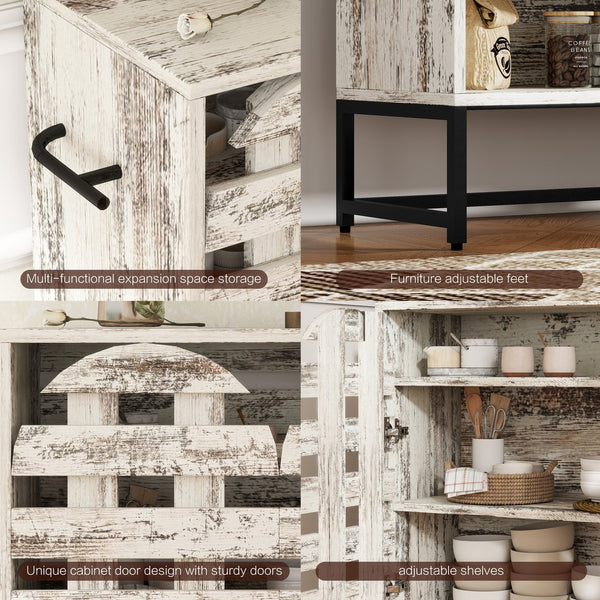 English Elm 44.3"Farmhouse Rustic Sideboard Cabinet with Arched Lattice Doors, Drawer & Open Shelves, White Vintage W2977P338333