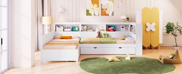 English Elm Wood Twin L-shaped Platform Bed Trundle Shelves Charging Station Kids Room White N7090001045K-1